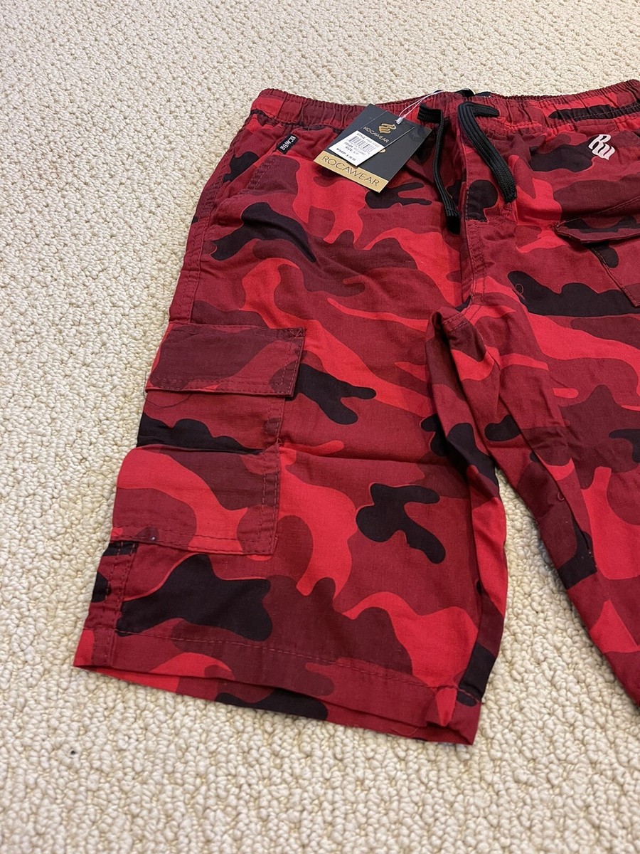 NWT Men’s Rocawear Red Camouflage Elastic Waist Cargo Pocket Shorts ALL  SIZES
