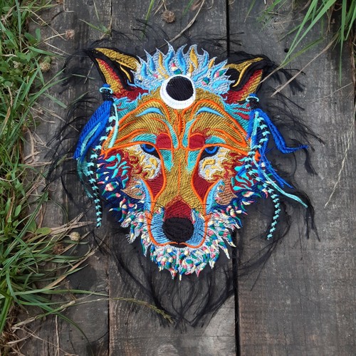 Psychedelic Trippy Wolf Large Colorful Handmade Embroidered Patch - Picture 3 of 3
