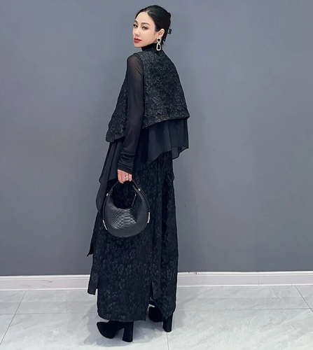 Black Urban 2 Piece Long Edgy Overlay Loose Wide Leg Trouser Waistcoat Top 10 12 - Picture 5 of 18