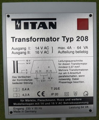 Titan 208 Trafo max. 4A 64VA Transformator Transformer Lichttrafo 230V~ 50Hz