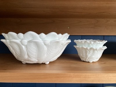 Indiana Milk Glass Opaque White Wild Rose Berry Bowl 9  (2) & 4.5  Set