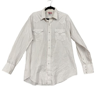 Vintage Tem Tex Shirt Mens 17 35 White Red Stripe Pearl Snap Western 80s