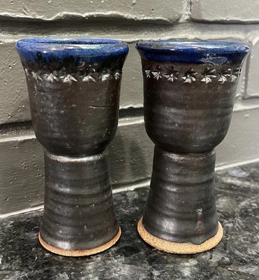 Handmade Studio Pottery Goblets Pair Gunmetal Cobalt Blue Stoneware Chalice 4oz