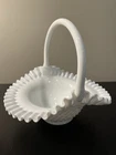 Fenton Hobnail Milk Glass Handled Ruffled Edge Basket