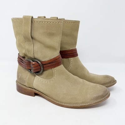 Frye Harness Suede Short Ankle Boots Beige Tan Leather Straps 7.5