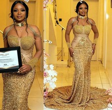 Aso Ebi Gold Luxury Mermaid Ball Dress Naked Collar Beaded Glitter Evening Gown