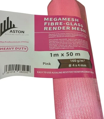 Aston BS Pink Fibreglass Rendering Mesh 160gsm – 1m x 50m (50m²) Heavy Duty - Image 1 of 4