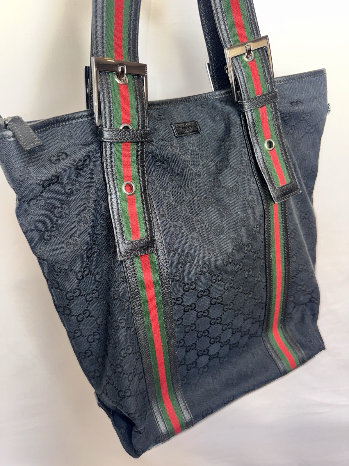 Gucci Black Monogram Tote with Red and Green Acce… - image 3