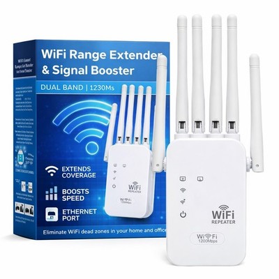 WiFi Extender 1200Mbps WiFi Booster Signal Amplifier w/ Dual Antennas & Ethernet