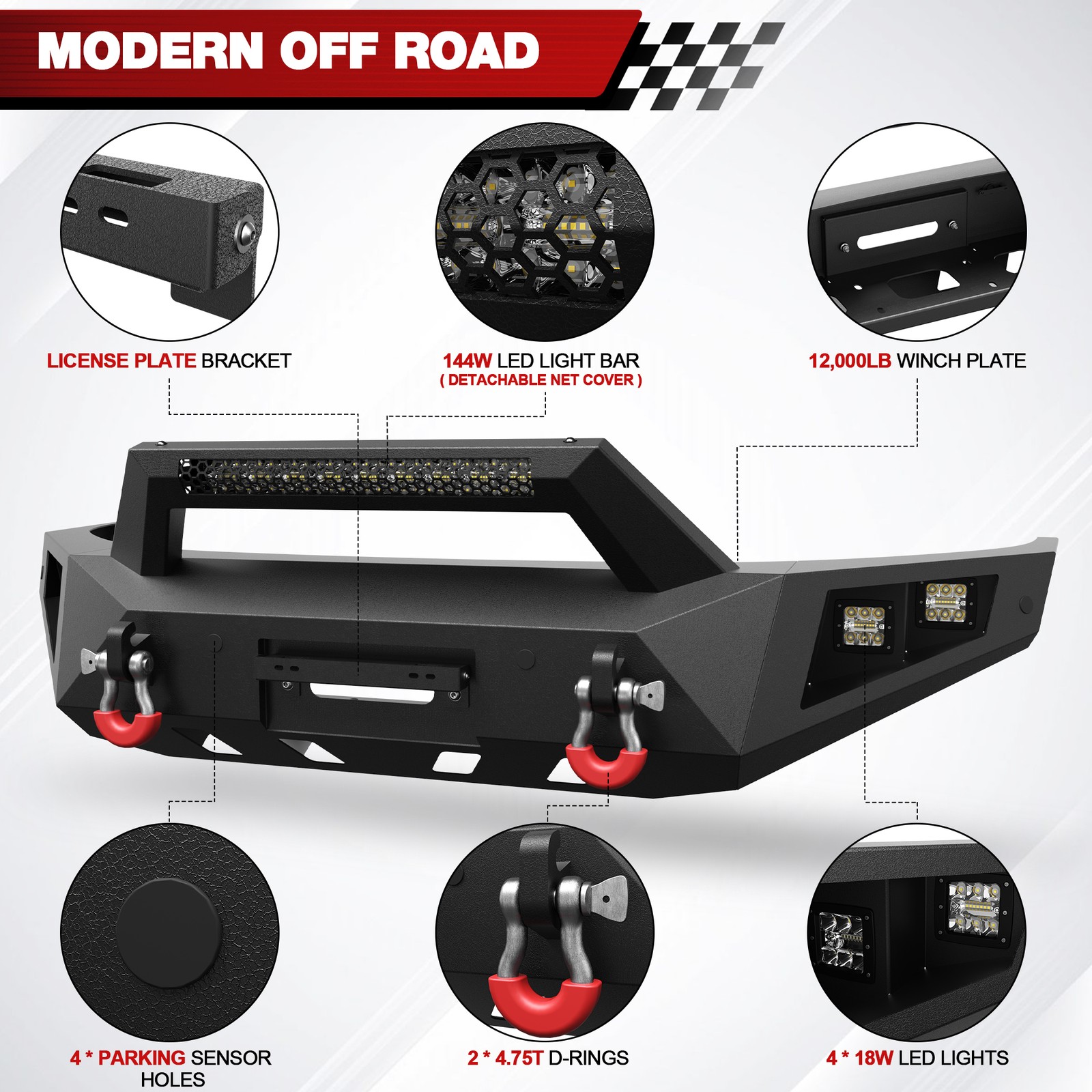 Front Bumper or Rear Bumper W/Winch Plate&LED Lights For 2019-2023 Ford Ranger