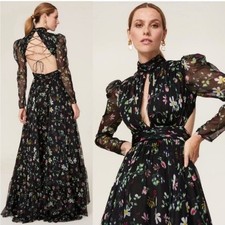 Mac Duggal Black Multi Floral Long Sleeve Lace Up Back Chiffon Gown Size 8 398