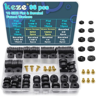 96 PCS 10 Size Faucet Washers Assorted Kit with Brass Bibb Screws Assortment Fla
