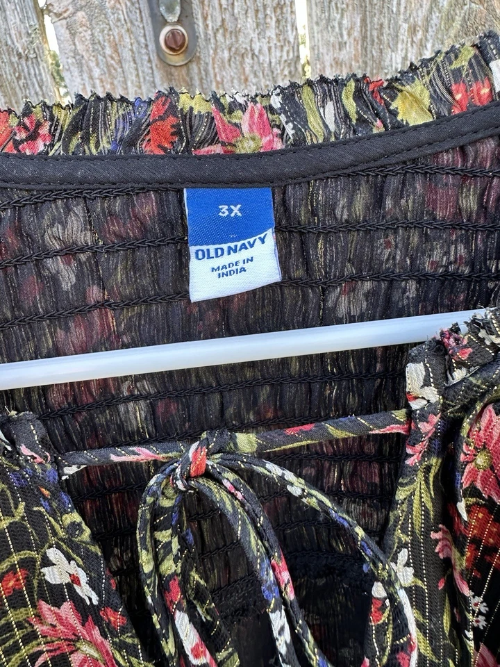 Antigua túnica boho floral azul marino para mujer Top camisa con corbata blusa manga larga talla 3X forrada Foto 3 de 4