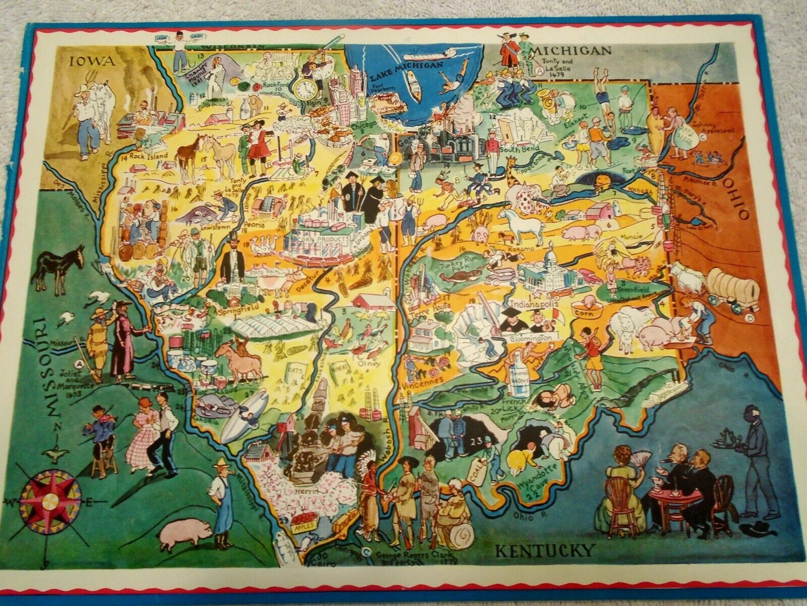 Original Berta & Elmer Hader 1932 Pictorial Character Map of Illinois & Indiana