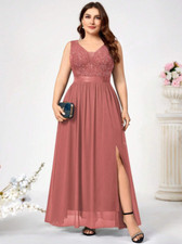 Plus Size Deep V Neck Sequin Floral Lace Sleeveless Split Leg Party Dress