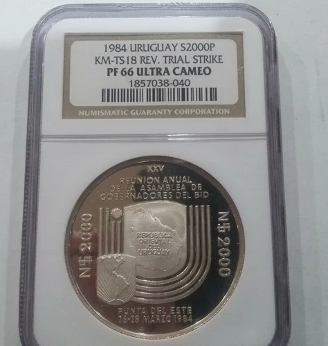 Rare 1984 Uruguay  Silver Uniface Pattern 2000 Pesos Bank,  NGC PF 66 
