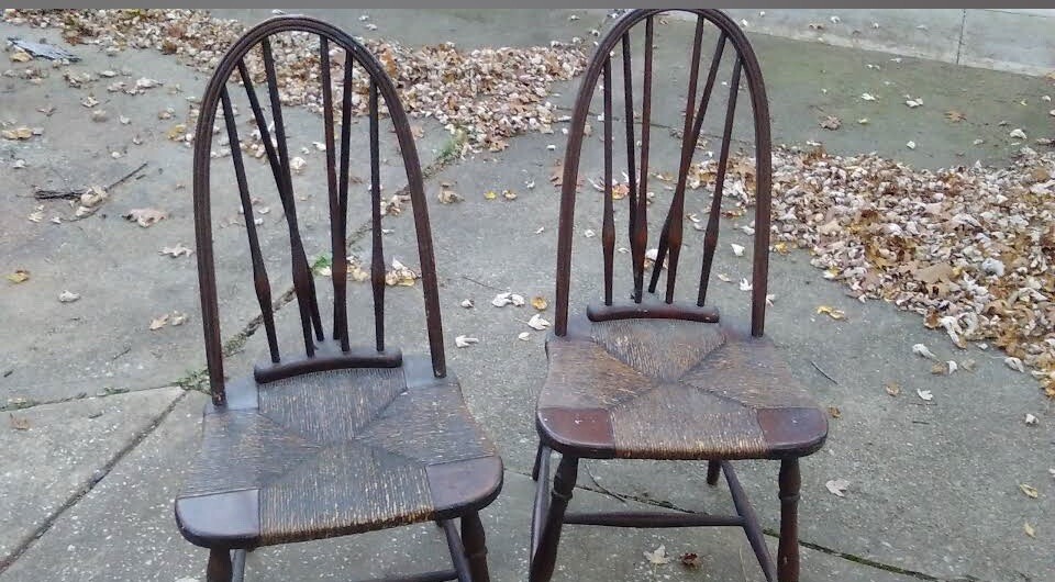 Vintage Wooden Windsor V Back Dining Chairs, Woven Straw Seats
