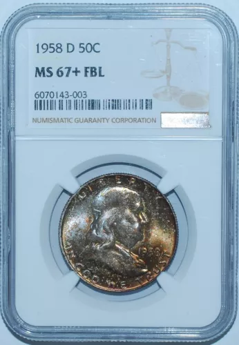 1958 D NGC MS67+FBL Full Bell Lines Franklin Half Dollar Mint Set Toned