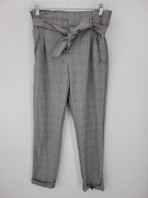 Zara Trafaluc Pants Womens XS Black White Check Paperbag Waist Academia Y2K Cuff