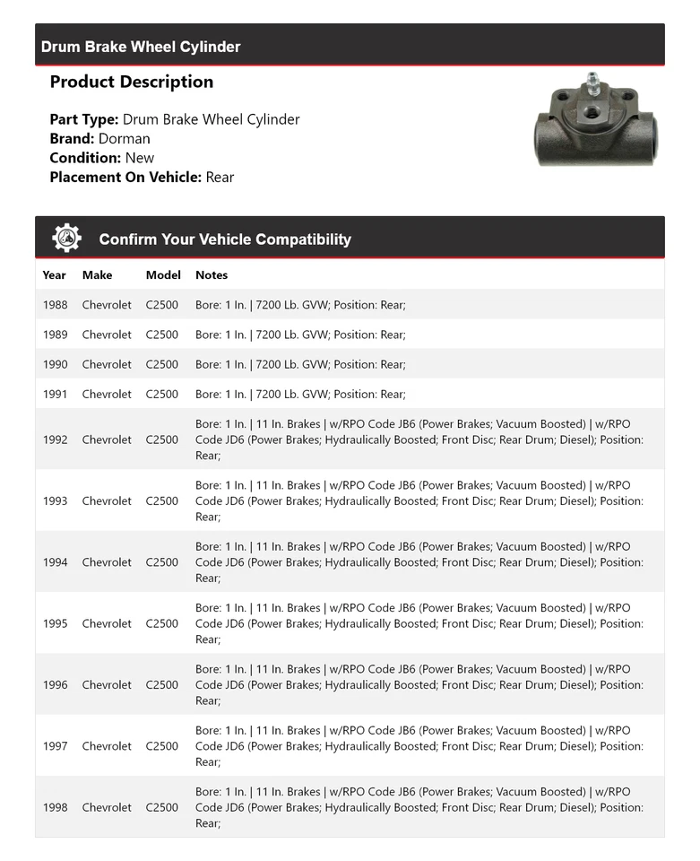 Cilindro de rueda de freno de tambor trasero 1989 1990 Chevrolet C2500 Dorman 1988-1998 Foto 2 de 3