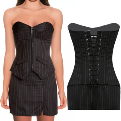 Women Satin Overbust Sexy Striped Corset Set with Mini Skirt Bustier Bodyshaper