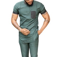 African Men 2 Piece Set Kaftan Shirt Pants Embroidered Danshiki Traditional Suit