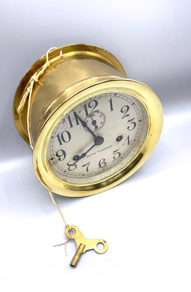 Antiguo reloj marítimo de barco de latón + llave de Seth Thomas EE. UU. circa 1910 Foto 3 de 4
