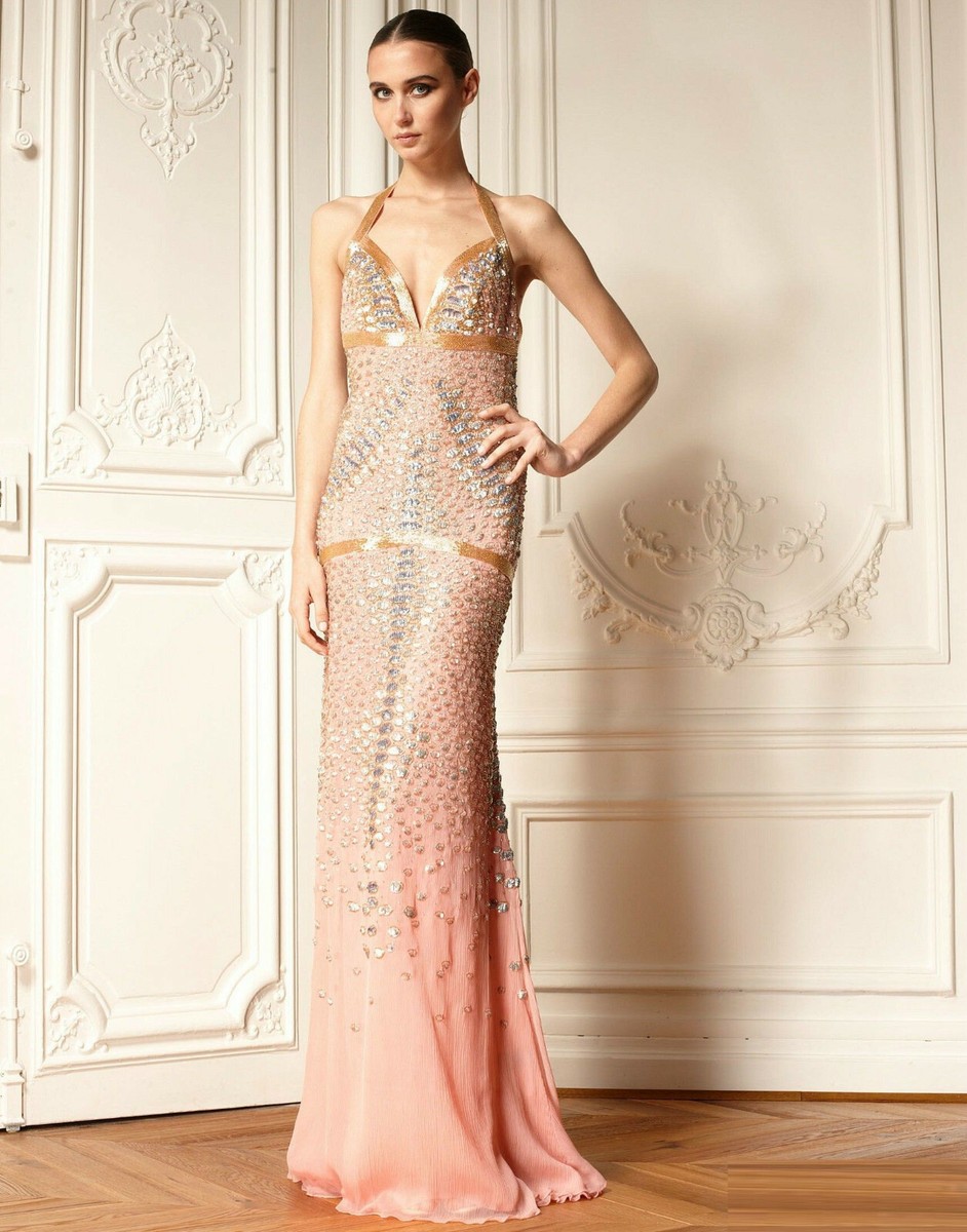 ZUHAIR MURAD Pink Silk Sequin Beaded Embellished Open Back Dress Gown 44 8  | eBay