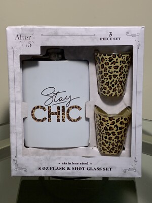 After 5: 8oz 3pc Flask & Shot Glass Set Stay CHIC Leopard print Peggy Buddy like