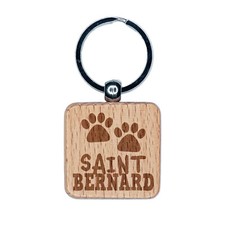 Saint Bernard Dog Paw Prints Fun Text Engraved Wood Square Keychain Tag Charm