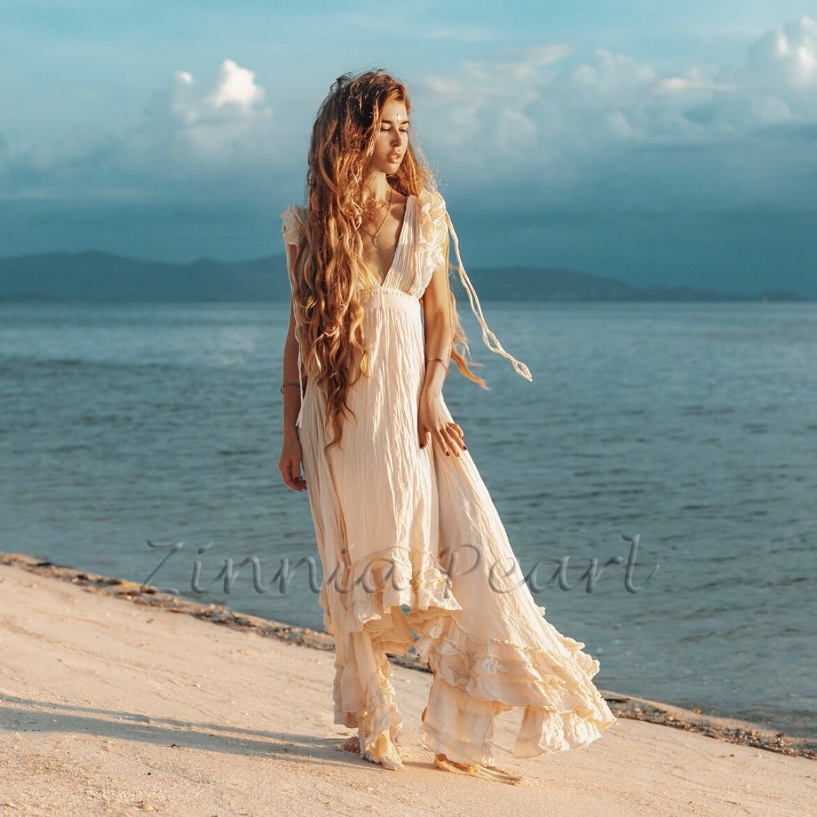 Maria High Low Deep - V Neck Ruffled Bohemian Wedding Festival Gypsy Midi Dress Maria High Low Deep - V Neck Ruffled Bohemian Wedding Festival Gypsy Midi Dress
