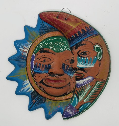 Mexican Folk Art Sun Moon Face Wall Hanging Hand Painted Terra Cotta Vintage Ebay