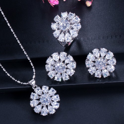 Orecchini Fiore Sole Placcati Argento Zirconia Gialli Collana Anello Set Gioielli per Donna - Foto 15 di 19