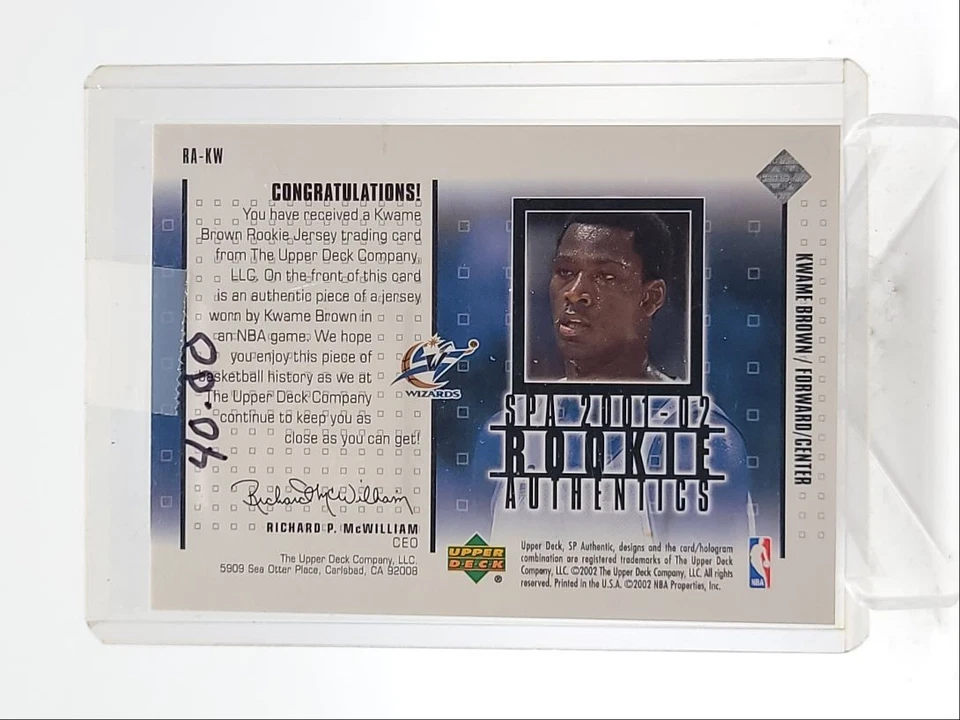 KWAME BROWN 2001-02 UD SP AUTHENTIC ROOKIE GAME WORN PATCH RC /1275 Q3713 - Image 2 of 2