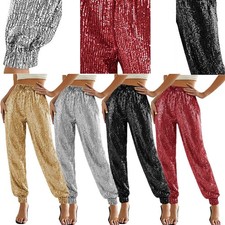 Women Flare Pants Cocktail Trousers Festival Legging Joggers Sequin Hip Hop