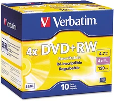 Verbatim DVD+RW Blank Discs 4.7GB 4X Branded Surface - 10pk Slim Case, Silver