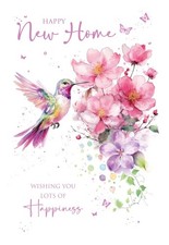 New Home Card. Cherry Orchard. Floral flowers modern beautiful Hummingbird