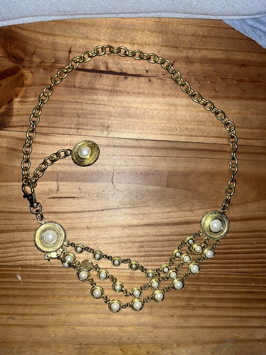 Vintage Gold Tone Multi Chain Belt Faux Pearl Dangle 