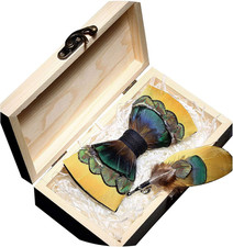 Peacock Bow Tie Feather Pre-Tied Bowtie Brooch Sets Tuxedo Banquet Necktie