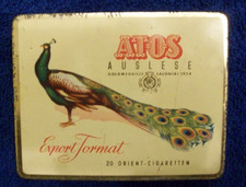 Vintage Zigarettendose aus Blech Marke Atos Auslese Pfauenmotiv / 1954 Jahre