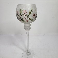 Crackle Glass Pedestal Hurricane Candle Holder Pine Berry Christmas Table Decor