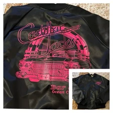 Vintage Cadillac Jacks Satin Bomber Jacket Black Pink Medium Retro Car Bar