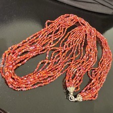 Vintage Multi Strand Red Glass Seed Bead Necklace Statement Boho