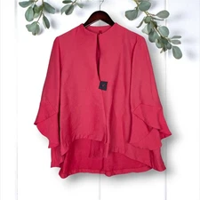 IC by Connie K Jacket XL Coral Pink Lagenlook Artsy Swing 1-Button Rayon Nylon