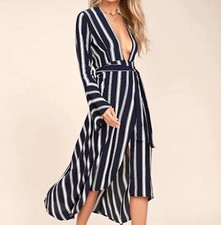 Faithfull The Brand Carioca Navy Striped Wrap Dress S 6 Coastal Nautical Preppy