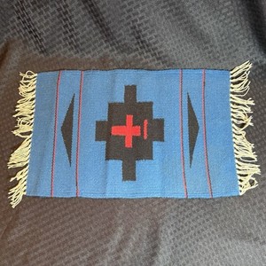 Blue Red Black Southwest Hand Woven Textile W Fringe New Mexico 11 x 17"