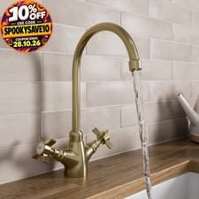 Sinkoro Traditional Kitchen Mixer Tap Brass Twin Crosshead Gold Brushed Brass