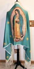 Virgen de Guadalupe Religious Rebozo,  shawl, pashmina, scarf, chal, Green Stars