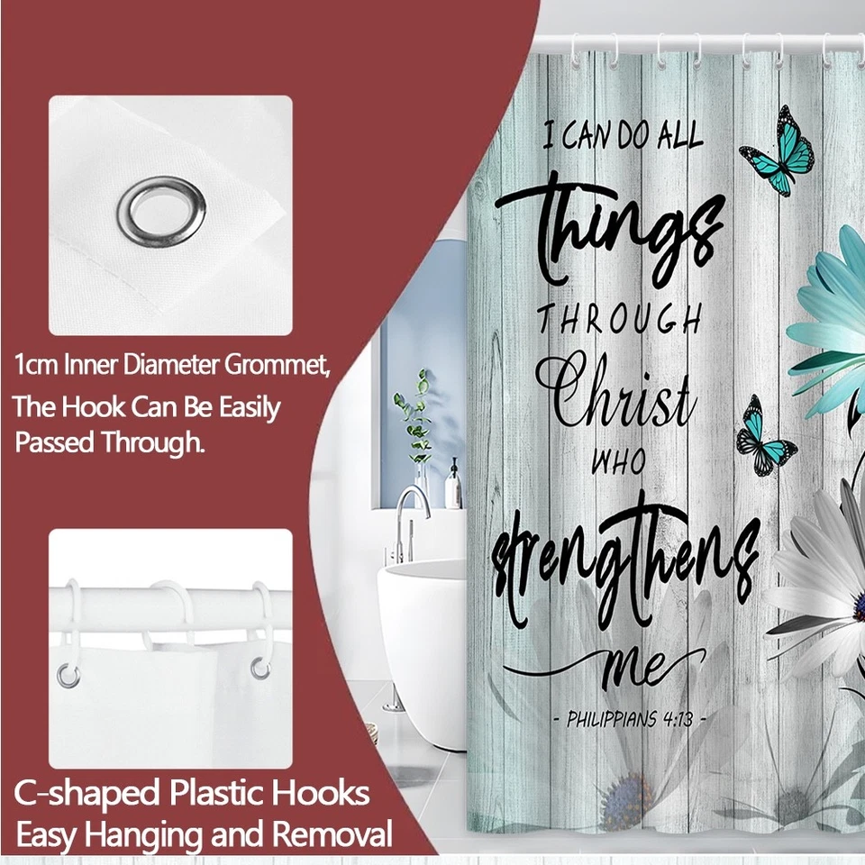 Christian floral shower curtain with Philippians 4:13 verse and butterflies - Image 4 of 4