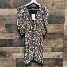 ZARA Floral V-Neck Shoulder Pad Mini Dress Black/Multicolor Short Sleeve Dress S